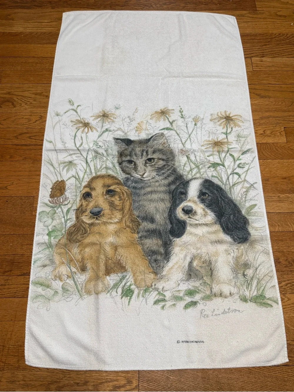 VTG 80s Rex Lindstrom Kel-Tex Beach Towel Featuring (2) Cocker Spaniels & Tabby